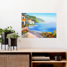 Plakat Obraz olejny - dom blisko morza otoczony roślinnością