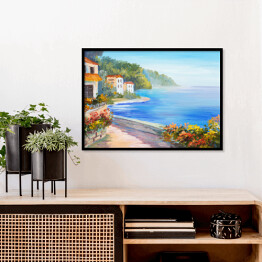 Plakat w ramie Obraz olejny - dom blisko morza otoczony roślinnością