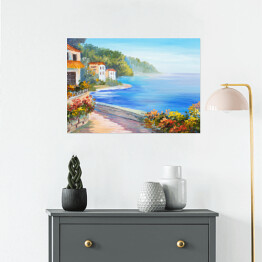 Plakat Obraz olejny - dom blisko morza otoczony roślinnością