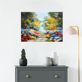 Plakat Obraz olejny - kolorowy las latem 