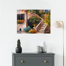 Plakat Obraz olejny - taras przy domu w Grecji