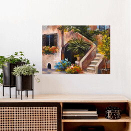 Plakat samoprzylepny Obraz olejny - taras przy domu w Grecji