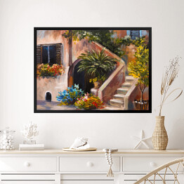 Obraz w ramie Obraz olejny - taras przy domu w Grecji