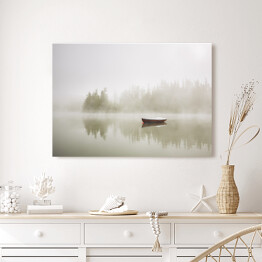 Obraz na płótnie Łódka na jeziorze we mgle