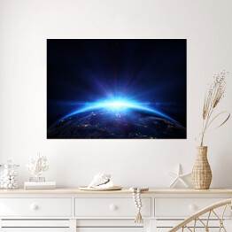 Plakat Planeta Ziemia z wschodem słońca w przestrzeni 