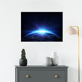 Plakat Planeta Ziemia z wschodem słońca w przestrzeni 