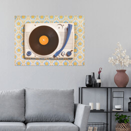 Plakat samoprzylepny Gramofon na tapecie w kwiaty