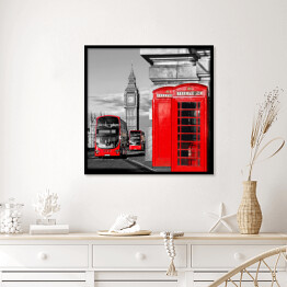 Plakat w ramie Londyn z czerwonymi autobusami przy Big Benie w Anglii, UK
