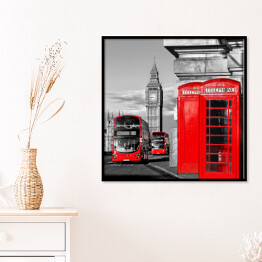 Plakat w ramie Londyn z czerwonymi autobusami przy Big Benie w Anglii, UK