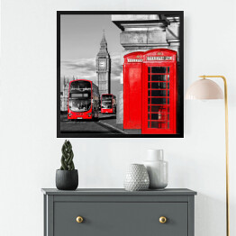 Obraz w ramie Londyn z czerwonymi autobusami przy Big Benie w Anglii, UK