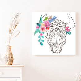 Byk - czaszka z piórkami i kwiatami - akwarela