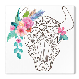 Byk - czaszka z piórkami i kwiatami - akwarela