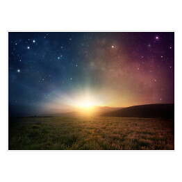 Plakat samoprzylepny Wschód słońca na różowo niebieskim niebie nad łąką