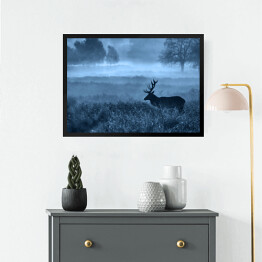 Obraz w ramie Krajobraz z jeleniem na polanie we mgle o zmierzchu