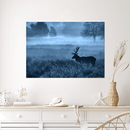 Plakat Krajobraz z jeleniem na polanie we mgle o zmierzchu