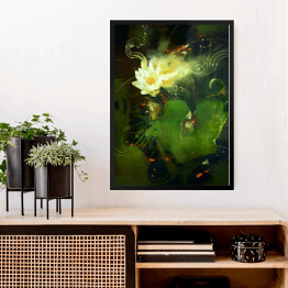 Obraz w ramie Piękny, biały, kwitnący lotos - ilustracja