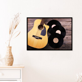 Plakat w ramie Gitara i winylowe płyty na drewnianym stole