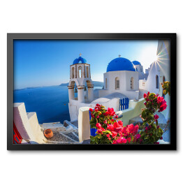 Obraz w ramie Santorini - wyspa z bialym kościołem w Oia, Grecja