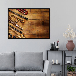 Plakat w ramie Instrumenty muzyczne na drewnianym, niejednolitym tle