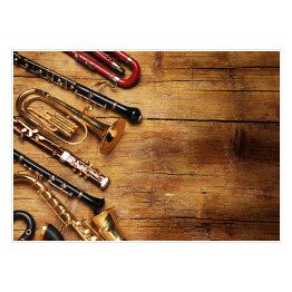 Plakat samoprzylepny Instrumenty muzyczne na drewnianym, niejednolitym tle