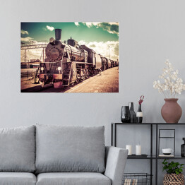 Plakat samoprzylepny Stara parowa lokomotywa na tle pastelowego nieba