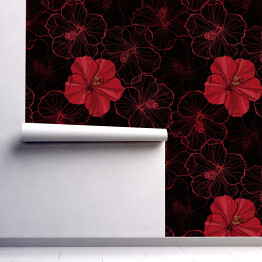 Tapeta samoprzylepna w rolce Wzór z czerwonymi kwiatami hibiskusa.