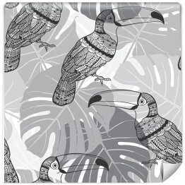 Tapeta samoprzylepna w rolce Szary deseń z tukanami i liściami palmowymi