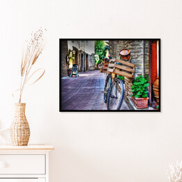 Plakat w ramie Stary rower z drewnianą skrzynią przy ścianie z cegły w San Gimignano