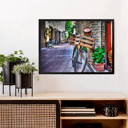 Obraz w ramie Stary rower z drewnianą skrzynią przy ścianie z cegły w San Gimignano