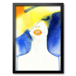 Obraz w ramie Portret kobiety z kapeluszem - kolorowa akwarela 
