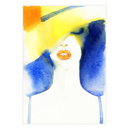 Plakat Portret kobiety z kapeluszem - kolorowa akwarela 