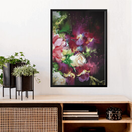 Obraz w ramie Bukiet fioletowo różowo białych kwiatów na ciemnym tle