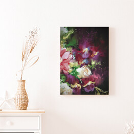 Obraz na płótnie Bukiet fioletowo różowo białych kwiatów na ciemnym tle