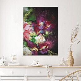 Plakat Bukiet fioletowo różowo białych kwiatów na ciemnym tle