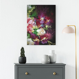 Obraz na płótnie Bukiet fioletowo różowo białych kwiatów na ciemnym tle