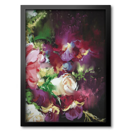 Obraz w ramie Bukiet fioletowo różowo białych kwiatów na ciemnym tle