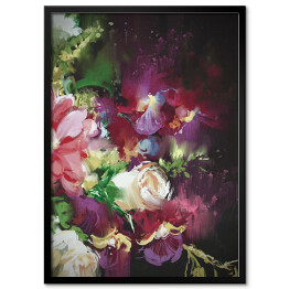 Plakat w ramie Bukiet fioletowo różowo białych kwiatów na ciemnym tle