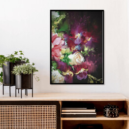 Plakat w ramie Bukiet fioletowo różowo białych kwiatów na ciemnym tle