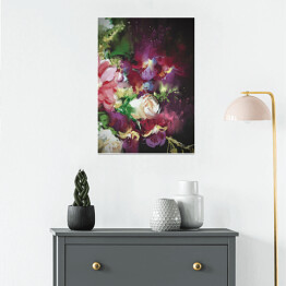 Plakat samoprzylepny Bukiet fioletowo różowo białych kwiatów na ciemnym tle