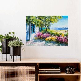 Plakat samoprzylepny Obraz olejny - ogród z kolorowymi kwiatami przy domu