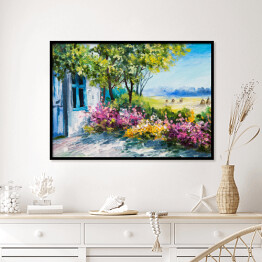 Plakat w ramie Obraz olejny - ogród z kolorowymi kwiatami przy domu