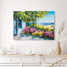 Obraz na płótnie Obraz olejny - ogród z kolorowymi kwiatami przy domu
