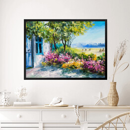 Obraz w ramie Obraz olejny - ogród z kolorowymi kwiatami przy domu