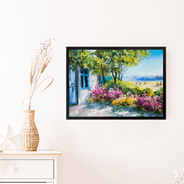 Obraz w ramie Obraz olejny - ogród z kolorowymi kwiatami przy domu