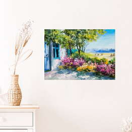 Plakat samoprzylepny Obraz olejny - ogród z kolorowymi kwiatami przy domu
