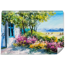 Fototapeta winylowa zmywalna Obraz olejny - ogród z kolorowymi kwiatami przy domu