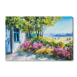 Obraz na płótnie Obraz olejny - ogród z kolorowymi kwiatami przy domu