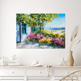 Plakat Obraz olejny - ogród z kolorowymi kwiatami przy domu