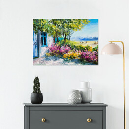 Plakat Obraz olejny - ogród z kolorowymi kwiatami przy domu