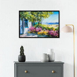 Plakat w ramie Obraz olejny - ogród z kolorowymi kwiatami przy domu